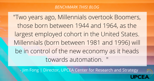 "Two years ago, Millennials overtook Boomers, those born between 1944 and 1964, as the largest employed cohort in the United States. Millennials (born between 1981 and 1996) will be incontrol of the new economy as it heads towards automation." 