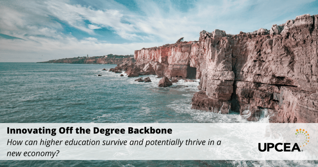 Picture of cliffs with text Innovating Off the Degree Backbone How can higher education survive and potentially thrive in a new economy?