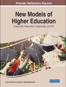 New Models of Higher Education: Unbundled, Rebundled, Customized, and DIY. Aaron M. Brower and Ryan J. Specht-Boardman. Image of hands holding graduation caps with tassels.