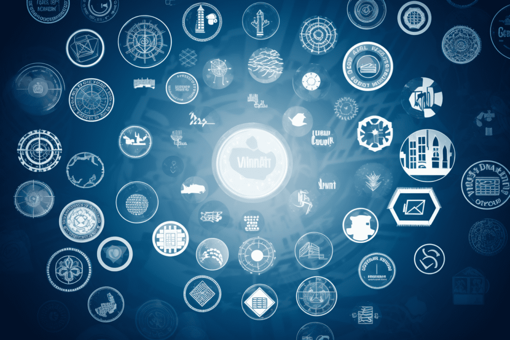 An image showcasing the logos of the top higher education digital marketing agencies, with each logo displayed in a circular pattern against a backdrop of blue and white colors.