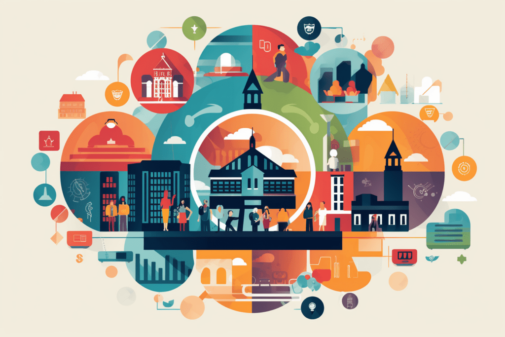 Image that depicts the top higher education marketing strategies, utilizing vibrant colors and icons to represent tactics such as social media, campus events, and personalized outreach.
