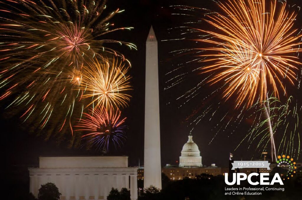 UPCEA Centennial conference theme - Washington DC national mall with fireworks overhead