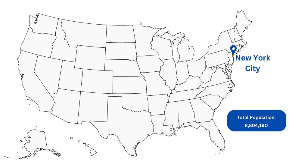 A map of the United States with a pin marking New York City, and a counter indicating a population of 8.8 million