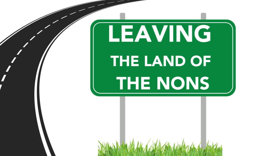 An illustration of a highway with a green road sign next to it. The sign reads "Leaving the Land of the Nons".