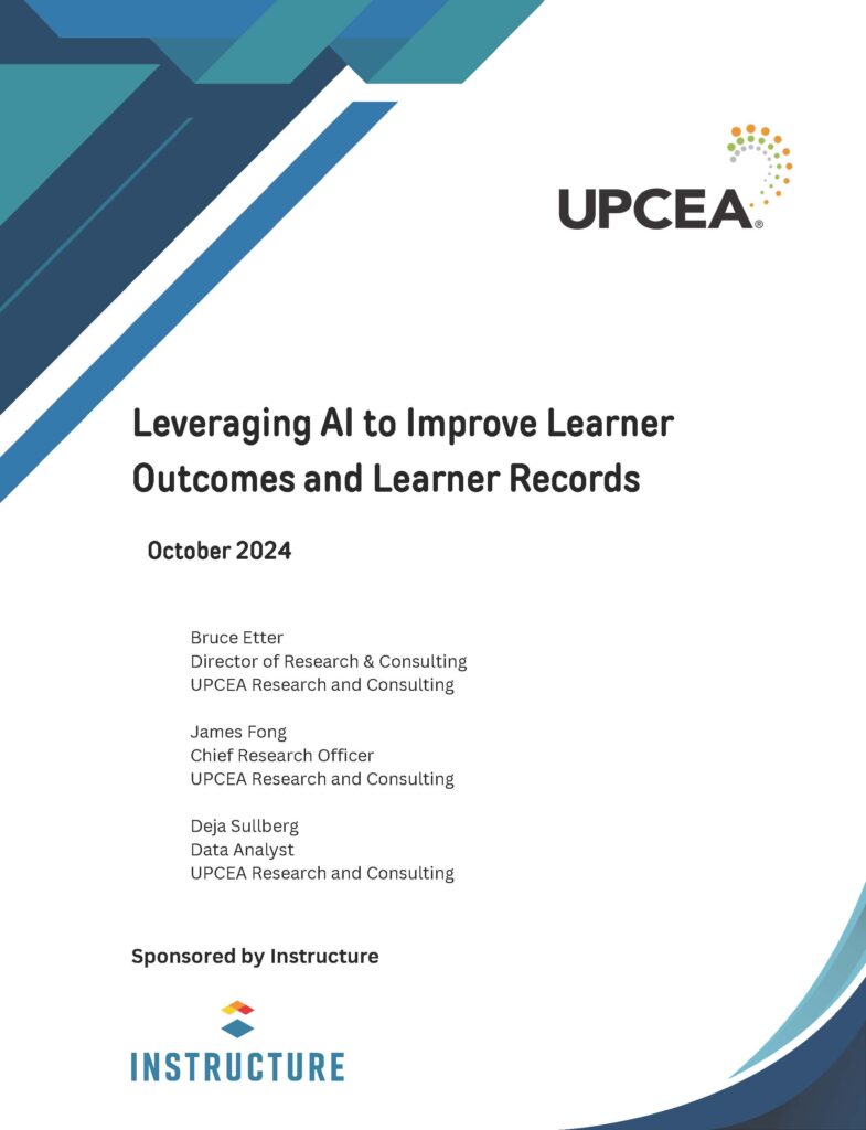 Leveraging AI to Improve Learner Outcomes and Learner Records study cover | October 2024 | UPCEA and Instructure