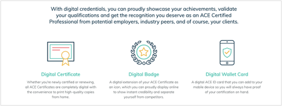 Screenshot of examples of achievements from ACE (digital certificates, digital badges, digital wallet cards)