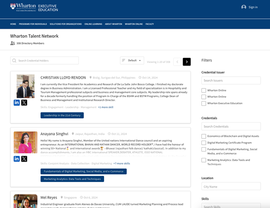 Screenshot of the Wharton Talent Network, built on Accredible's Spotlight Directory