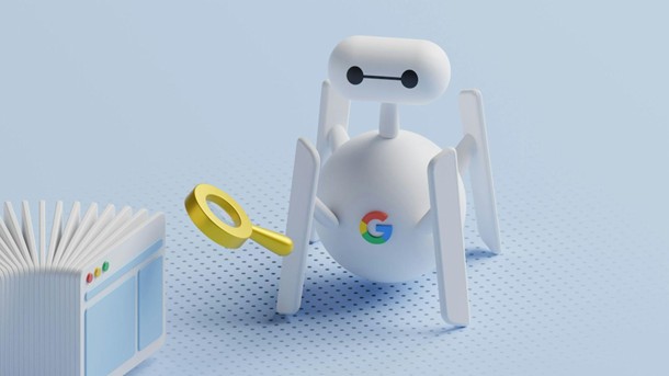 3D illustration of a white robot spider with the Google logo on its body, holding a yellow magnifying glass near a stylized stack of web browser windows, representing search engine crawling and indexing.