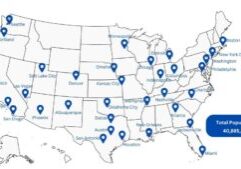 A map of the United States with pins showing 33 of the most populous US cities, with a counter indicating a total combined population of 40.8 million