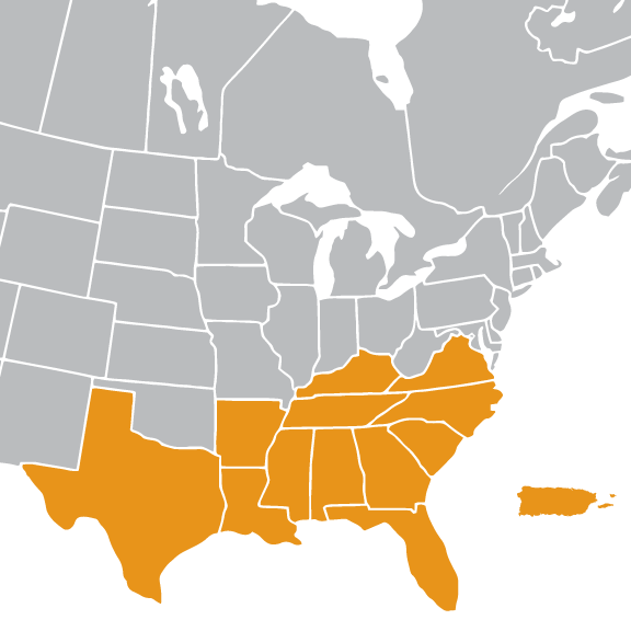 UPCEA South Region Map | Texas, Louisiana, Arkansas, Georgia, Alabama, Mississippi, Florida, Puerto Rico, South Carolina, North Carolina, Kentucky, Tennessee, Virginia